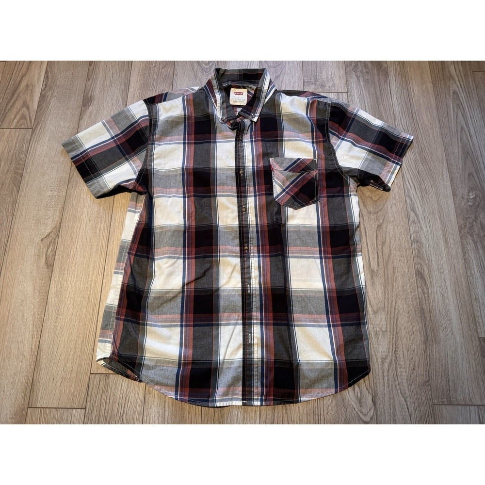 Levis Mens‎ XL Short Sleeve Plaid Button Down Shirt Black Red White